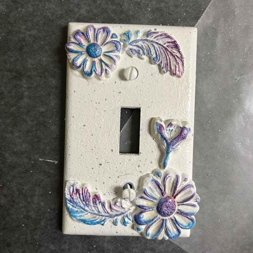 Custom Floral Switch Plate Cover - White with Blue and Purple Accents